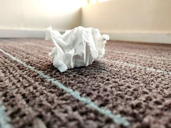 Close-up of white surface level on rug