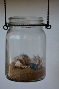 Close-up of seashells in jar hanging against wall