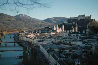 High angle view of buildings in city