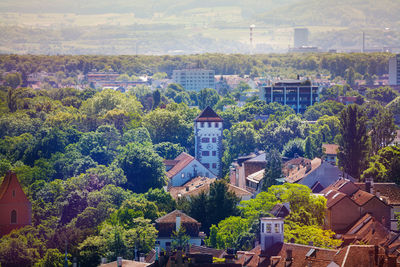 High angle view of townscape and trees in town