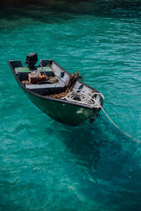 High angle view of boat moored in sea