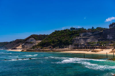 Scenic view of sea against blue sky