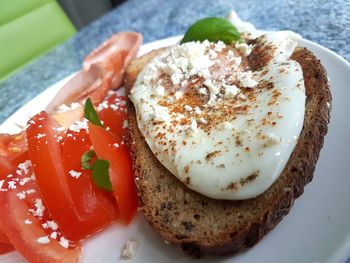 High angle view of breakfast served in plate