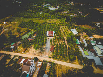 High angle view of houses in town