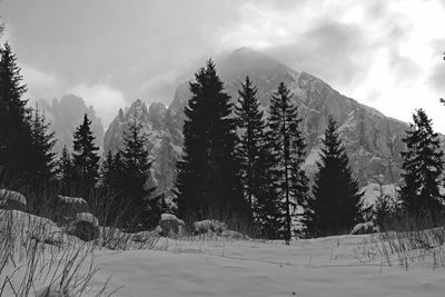 Snow covered mountains against cloudy sky