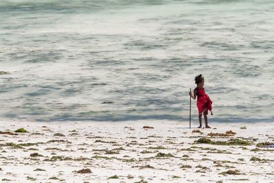 Full length of girl holding stick while standing at beach