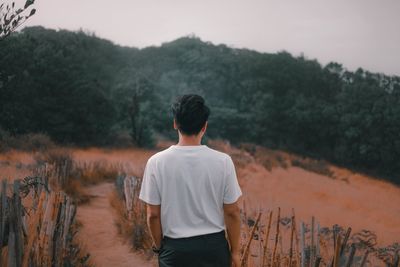 Rear view of man looking at mountains