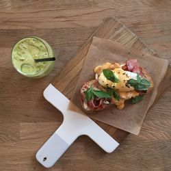 High angle view of food served on table