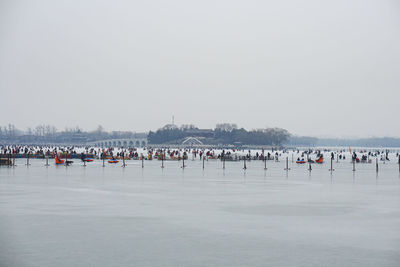 Group of people on beach against clear sky