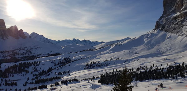 Scenic view of snow covered mountains against sky