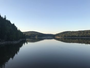 Scenic view of lake against clear blue sky