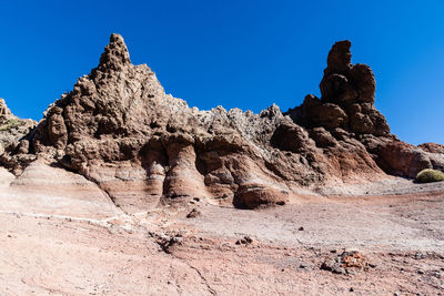 Low angle view of rock formations with a shade of pink against clear blue sky