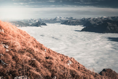 Scenic view of snowcapped mountains against sky