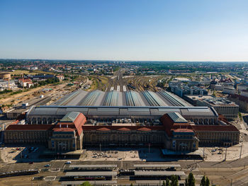 High angle view of cityscape against clear sky