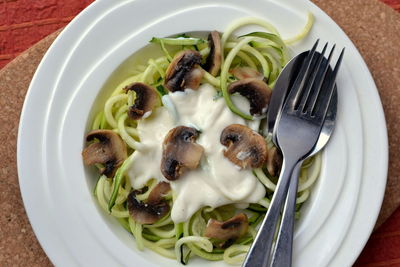 High angle view of food in plate on table