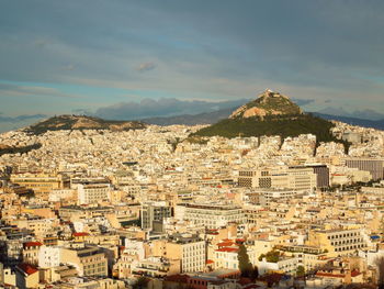 High angle view of townscape of athens against sky