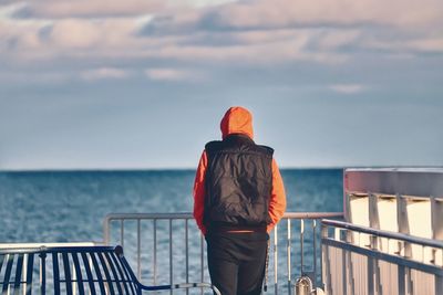 Rear view of man looking at sea against sky