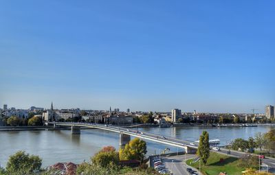 Bridge over river in city against clear blue sky