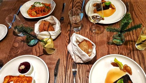 High angle view of meal served on table