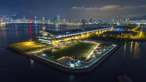 High angle view of illuminated city at night