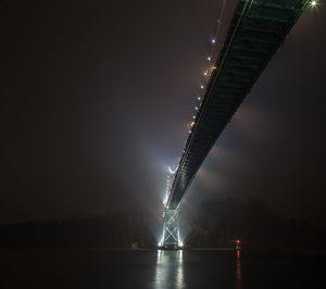 Illuminated ferris wheel by river against sky at night