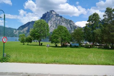 Landscape with mountain range in background