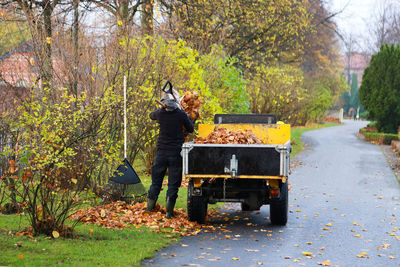 Man collecting leaves in cart during autumn