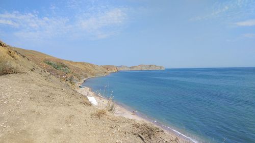 Scenic view of sea against blue sky