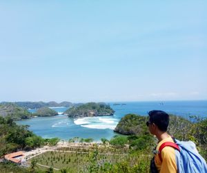 Rear view of man looking at sea against clear sky