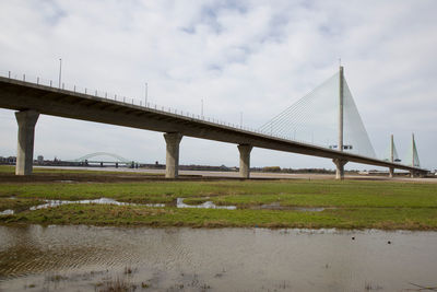 Low angle view of bridge over river against sky