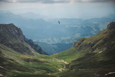 Panoramic view of idyllic mountain scenery with fresh green meadows in bloom on  beautiful sunny day