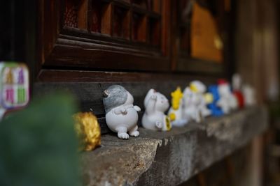 View of stuffed toys on wood