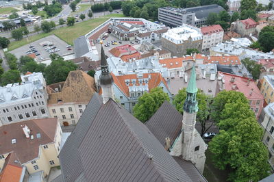 High angle view of buildings in town