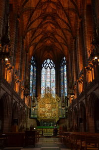 Interior of illuminated temple building