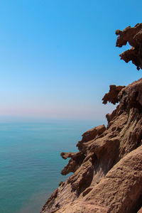 Rock formations by sea against clear blue sky