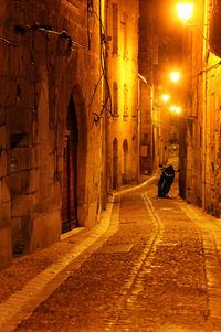 Rear view of person on street amidst illuminated buildings at night