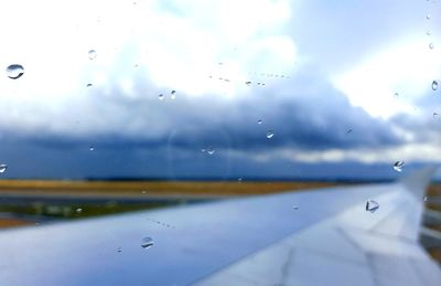 Close-up of wet airplane glass window