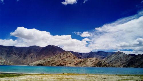 Scenic view of lake against cloudy sky