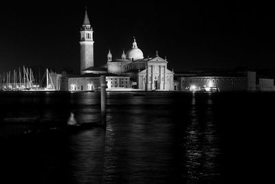 Reflection of buildings in water at night