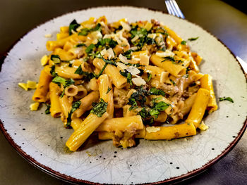 High angle view of food in plate on table
