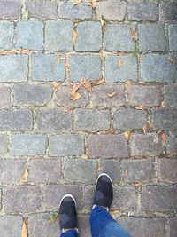 Low section of man standing on cobblestone