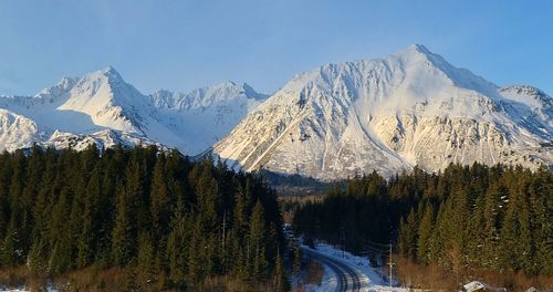 Panoramic view of snowcapped mountains against sky