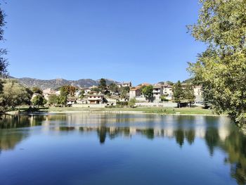 Scenic view of lake against clear blue sky