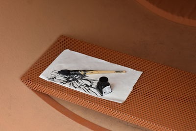 High angle view of book on table