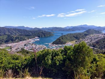 Scenic view of bay against sky