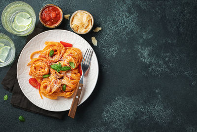 High angle view of food in plate on table