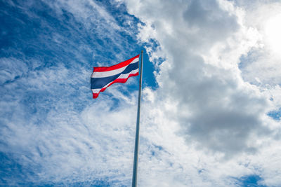 Low angle view of flag against sky