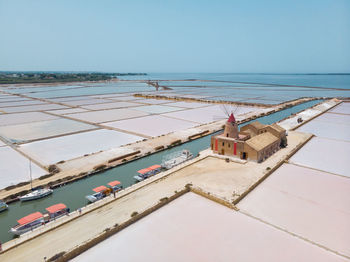 High angle view of swimming pool by sea against clear sky