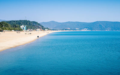 Scenic view of sea against clear blue sky