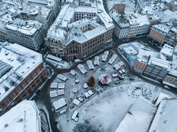 Aerial view of the christmas market in the riga old town